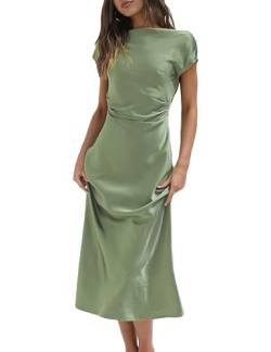 2023 Satin-Sommerkleider für Damen, Flügelärmel, Wasserfallrücken, elegante gerüschte Taille, Hochzeitsgäste, Midikleid, Smaragdgrün, Salbei, X-Groß von Gmeitoey