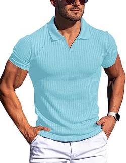 Gnvviwl Herren Muscle V Neck Polo Shirts Slim Fit Kurzarm Baumwolle Golf T-Shirts Rippstrick Weiche Tees, Himmelblau, XL von Gnvviwl
