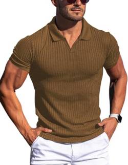Gnvviwl Herren Muscle V Neck Polo Shirts Slim Fit Kurzarm Baumwolle Golf T-Shirts Rippstrick Weiche Tees, Kaffee, Klein von Gnvviwl