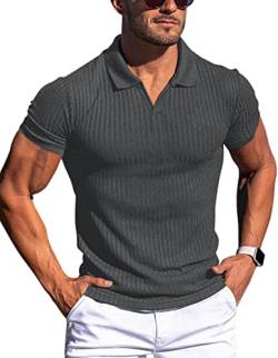 Gnvviwl Herren Muscle V Neck Polo Shirts Slim Fit Solid Kurzarm Baumwolle Golf T-Shirts Rippstrick Weiche Tees, grau dunkel, L von Gnvviwl