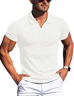 Gnvviwl Herren Polo-Shirts Slim Fit V Ausschnitt Weich Solide Kurzarm Baumwolle Golf T-Shirts Gestreift, Weiß, Mittel von Gnvviwl
