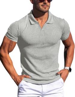 Gnvviwl Herren Polo-Shirts Slim Fit V Ausschnitt Weich Solide Kurzarm Baumwolle Golf T-Shirts Gestreift, hellgrau, Groß von Gnvviwl