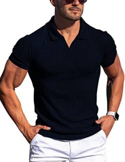 Gnvviwl Herren Polo-Shirts Slim Fit V Ausschnitt Weich Solide Kurzarm Baumwolle Golf T-Shirts Gestreift, marineblau, Groß von Gnvviwl