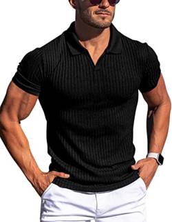 Gnvviwl Herren Polo-Shirts Slim Fit V Ausschnitt Weich Solide Kurzarm Baumwolle Golf T-Shirts Gestreift, schwarz, Groß von Gnvviwl