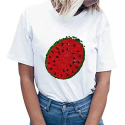 Damen Sommer T-Shirt Wassermelone Wendepailletten Kurzarm Rundhalsausschnitt Basic Kurzarm Lose Damen Rundhals Casual Top Modische Hemdbluse von Godathe