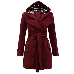 Godoboo Damen Mantel Warme Wintermantel Lange mit Kapuze Zweireihige Revers Winterjacke Trenchcoat Outwear Mit Taschen GüRtel Übergangsmantel Winter Elegant Outdoorjacke von Godoboo