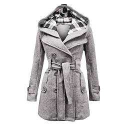 Godoboo Damen Mantel Warme Wintermantel Lange mit Kapuze Zweireihige Revers Winterjacke Trenchcoat Outwear Mit Taschen GüRtel Übergangsmantel Winter Elegant Outdoorjacke von Godoboo