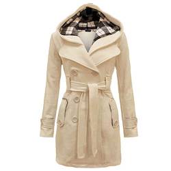 Godoboo Damen Mantel Warme Wintermantel Lange mit Kapuze Zweireihige Revers Winterjacke Trenchcoat Outwear Mit Taschen GüRtel Übergangsmantel Winter Elegant Outdoorjacke von Godoboo