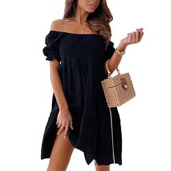 Godoboo Damen Sommerkleid A-Linien-Kleid Off Shoulder Swing Kleid Strandkleid Party Kleid Minikleider Lantern Langarm Cocktailkleider Shorts Rüschenkleid von Godoboo