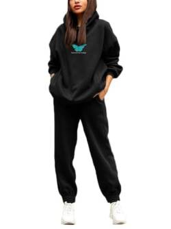 Godoboo Damen Tracksuit Langarm Hoodies und Hosen Herbst Winter 2 Stück Buchstaben Druck Warm Hausanzug Sweatshirt Lose Jogginganzug Kapuzenpullover Jogginghose für Damen Yoga Gym von Godoboo