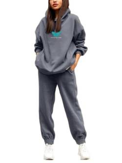 Godoboo Damen Tracksuit Langarm Hoodies und Hosen Herbst Winter 2 Stück Buchstaben Druck Warm Hausanzug Sweatshirt Lose Jogginganzug Kapuzenpullover Jogginghose für Damen Yoga Gym von Godoboo