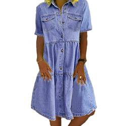 Godoboo Damen V-Ausschnitt Jeanskleider Denimkleid Sommerkleid Lose Einfarbig Kleid Hemdkleid aus Light Denim Blouse Skleid Partykleid von Godoboo