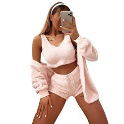 Godoboo Kurzarmpyjama Schlafanzug Damen Women's Fleece Pyjamas Sexy Fleece Outfit Top Shorts Set 3-Piece von Godoboo