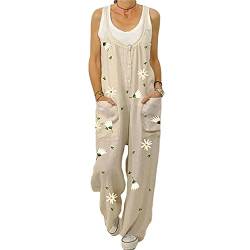 Gododboo Jumpsuit Damen Latzhosen Linen Sommer Overall Damen Frauen Latzhose Beiläufig Boho Blumendruck Hosen Baumwolle Leinen Strampler Overall Rompers Wide Leg Playsuit mit Tasche von Godoboo