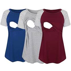 Godom Still Oberteil Sommer, Umstandsmode Kurzarm Umstandsmode Stillshirt Oberteil Streifen 3 Pack Damen Umstandstop Umstandsshirt Basic Stillzeit Umstandsmode Umstandsbluse Top von Godom