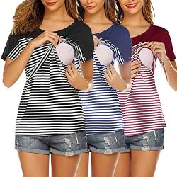 Godom Still Oberteil Sommer, Umstandsmode Kurzarm Umstandsmode Stillshirt Oberteil Streifen 3 Pack Damen Umstandstop Umstandsshirt Basic Stillzeit Umstandsmode Umstandsbluse Top von Godom