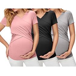 Godom Still Oberteil Sommer, Umstandsmode Kurzarm Umstandsmode Stillshirt Oberteil Streifen 3 Pack Damen Umstandstop Umstandsshirt Basic Stillzeit Umstandsmode Umstandsbluse Top von Godom