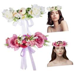 Gogogmee 2 Stück Stirnband Girlande Braut Blumenkrone Rosen Stirnband Damen Blumen Stirnband Damen Blumenkrone Blumen Tiara Braut Blumen Stirnband Hochzeit Badeort Stoff Große von Gogogmee