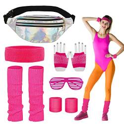 Gohytal 90er 80er Jahre Outfit Damen Set, 80er Jahre Bauchtasche Stirnband Neon, 80er Jahre Accessoires Kostüm Damen, Karneval Party Kostüm Faschingskostüme, Sportlicher Aerobic Outfit, Gürteltasche von Gohytal