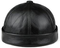 Echt-Leder Skullcap Matrosenmütze Mütze Beanie Retro Rollkragen Brimless Cap, Genuine Leather Skullcap, for Men (XL, Black) von Gokame