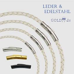 Gold77 Lederkette geflochten WEISS | Armband 18-23 cm - Halsband 36-70 cm | 4 Stärken | Verschlüsse in Silber/Schwarz/Gold, Länge:Kette 43 cm, Stärke + Verschlußfarbe:4 mm | Verschluß Silber von Gold77