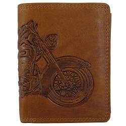 Hill Burry ® Geldbörse Geldtasche Geldbeutel Portemonnaie aus Leder für Herren Männer RFID-Schutz mit Münzfach (Einkaufchip) und Einer Prägung Motorbike Bike Motorcycle (Hochformat, Braun) von Golden Deer