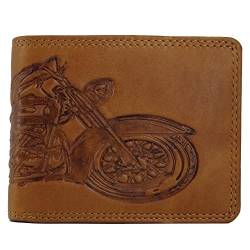 Hill Burry ® Geldbörse Geldtasche Geldbeutel Portemonnaie aus Leder für Herren Männer RFID-Schutz mit Münzfach (Einkaufchip) und Einer Prägung Motorbike Bike Motorcycle (Querformat, Braun) von Golden Deer