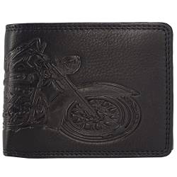 Hill Burry ® Geldbörse Geldtasche Geldbeutel Portemonnaie aus Leder für Herren Männer RFID-Schutz mit Münzfach (Einkaufchip) und Einer Prägung Motorbike Bike Motorcycle (Querformat, Schwarz) von Golden Deer