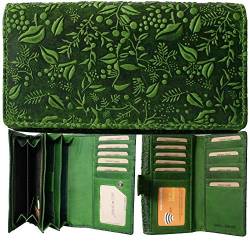 Hill Burry hochwertige Vintage Leder Damen Geldbörse Geldtasche Portemonnaie langes Portmonee Geldbeutel aus weichem Leder von außen - 17,8 x 9,9 x 3,8 cm (B x H x T) (Grün) von Golden Deer