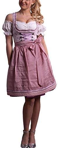 Golden Trachten-Kleid Dirndl Damen 3 TLG, Midi für Oktoberfest, mit Schürze und Bluse,Pastelviolett 531GT (36) von Golden Trachten