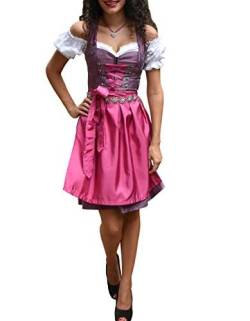 Golden Trachten-Kleid Dirndl Damen 3 TLG, Midi für Oktoberfest, mit Schürze und Bluse 486GT,Lila,36 von Golden Trachten