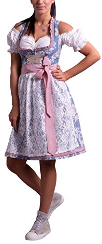 Golden Trachten-Kleid Dirndl Damen 3 TLG, Midi für Oktoberfest, mit Schürze und Bluse Fernblau geblümt 536GT (34) von Golden Trachten