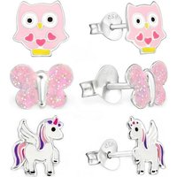 Goldene Hufeisen Ohrstecker-Set 3 Paar Set Mädchen Ohrstecker Einhorn Eule Kinder Ohrringe 925 Silber (6-tlg, inkl. Etui), mit Emaille von Goldene Hufeisen