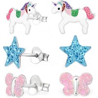 Goldene Hufeisen Ohrstecker-Set 3 Paar Set Mädchen Ohrstecker Einhorn Stern Kinder Ohrringe 925 Silber (6-tlg, inkl. Etui), Emaille, Kristall von Goldene Hufeisen