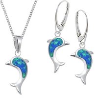 Goldene Hufeisen Schmuckset Schmuckset Opal Delfin Brisur Ohrringe Anhänger Kette 925 Silber (4-tlg, inkl. Etui), Damen Geschenkset von Goldene Hufeisen