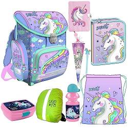 Einhorn Unicorn Schulranzenset Schulrucksack Kinderrucksack, Federmappe, Gelstift, Schuhbeutel, Lunchset, Zuckertüte, Tagebuch, Regenschutz Motivdruck 9-teilig von Goldkids