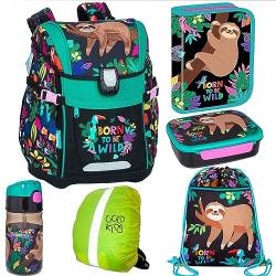 Goldkids Schulranzen Schulranzen-set Born to be wild Ranzen Kinderrucksack Federmappe Schuhbeutel Trinkflasche Brotdose Regenschutz Motivdruck Faultier 6-teilig von Goldkids