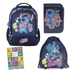 Goldkids - Schulranzen für Jungen und Mädchen, 4er-Set - Schul-Rucksack für Kinder mit Federmäppchen - Schuhbeutel und Hausaufgabenheft - Lilo und Stitch Motiv - 1-3 Klasse von Goldkids