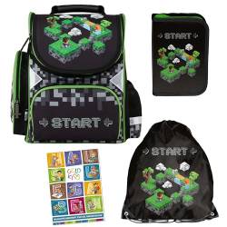 Goldkids - Schulranzen für Jungen und Mädchen, 4er-Set - Schul-Rucksack für Kinder mit Federmäppchen - Schuhbeutel und Hausaufgabenheft - Minecraft Start Motiv - 1-3 Klasse von Goldkids