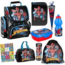 Spiderman Schulranzen ergonomischer Ranzen Federmappe Zuckertüte Turnbeutel Sporttasche Brotdose Trinkflasche Aufgabenheft für die Grundschule 9er Set Lizenzartikel Marvel Spiderman Spider-man von Goldkids