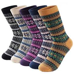 Gonii Damen Wollsocken - Gemütliche & warme Crew-Socken für den Winter mit Feuchtigkeitstransport, 5 Paar warme Farben, 37-42 EU von Gonii
