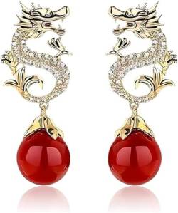 Goniome Drachen-Perlenohrringe zum Aufhängen, „Wünsche wahr werden“, exquisite Drachen-Ohrringe für Frauen, Glücks-Drachen-Ohrringe zum chinesischen Neujahr für Frauen (Rot) von Goniome
