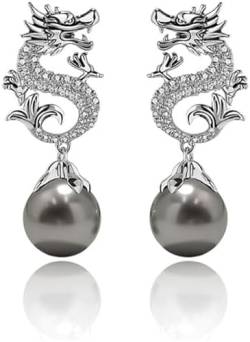 Goniome Drachen-Perlenohrringe zum Aufhängen, „Wünsche wahr werden“, exquisite Drachen-Ohrringe für Frauen, Glücks-Drachen-Ohrringe zum chinesischen Neujahr für Frauen (Silber) von Goniome
