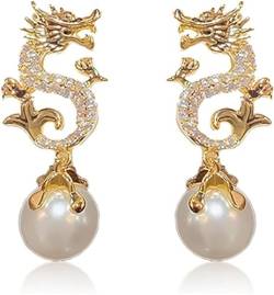 Goniome Drachen-Perlenohrringe zum Aufhängen, „Wünsche wahr werden“, exquisite Drachen-Ohrringe für Frauen, Glücks-Drachen-Ohrringe zum chinesischen Neujahr für Frauen (Weiß) von Goniome