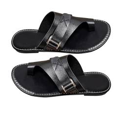 Goniome Flache Ledersandalen für Damen, Zehenschlaufensandalen für Damen, Slide-Slipper-Flip-Flops (Black, EU Schuhgrößensystem, Erwachsene, Herren, Numerisch, M, 38) von Goniome