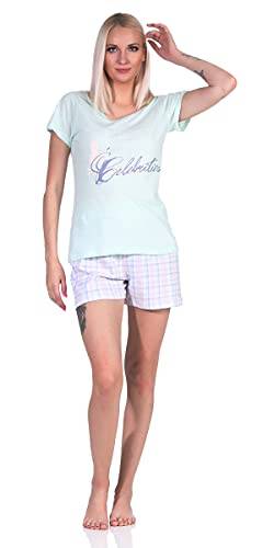 Good Deal Market Kurzer Damen-Pyjama sommerlicher Schlafanzug luftige leichte Baumwolle 48-50 Aqua mit Karierter Hose luftiger sommerlicher kurzer Schlafanzug Pyjama Teddy von Good Deal Market