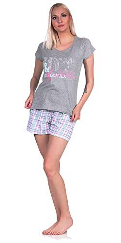 Good Deal Market Kurzer Damen-Pyjama sommerlicher Schlafanzug luftige leichte Baumwolle Grösse 36-38, grau mit Karierter Hose von Good Deal Market