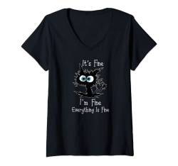 Damen It's Fine I'm Fine Everythings Fine T-Shirt für Damen, Katzenmotiv T-Shirt mit V-Ausschnitt von Good Times Tees