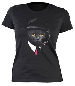 Cooles Katzen Damenshirt/Katzen Dedektiv Mafia Katze : Agent Cat - Girlie Shirt Katze Kunstdruck Neon Gr: L von Goodman Design