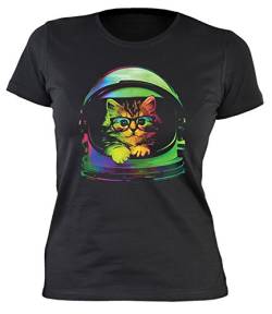 Lustiges Buntes Katzen Damenshirt Astronauten Helm : Space Kitten - Girlie Shirt Katze Kunstdruck Neon Gr: S von Goodman Design